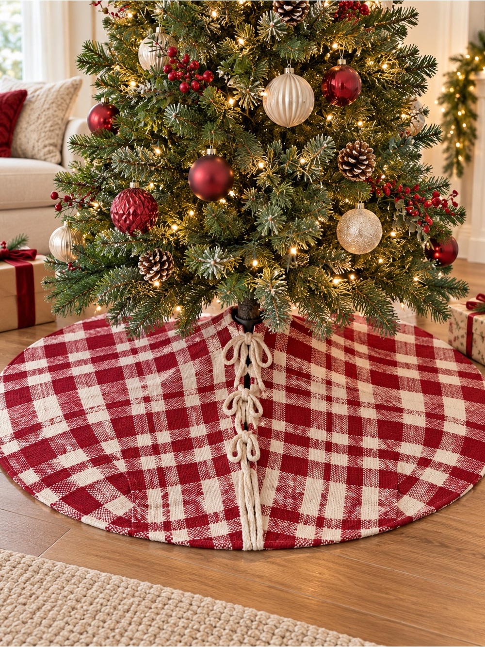 NWT Thro Christmas Tree Skirt Red Off White Tartan Cottagecore 52” Rustic Farmho